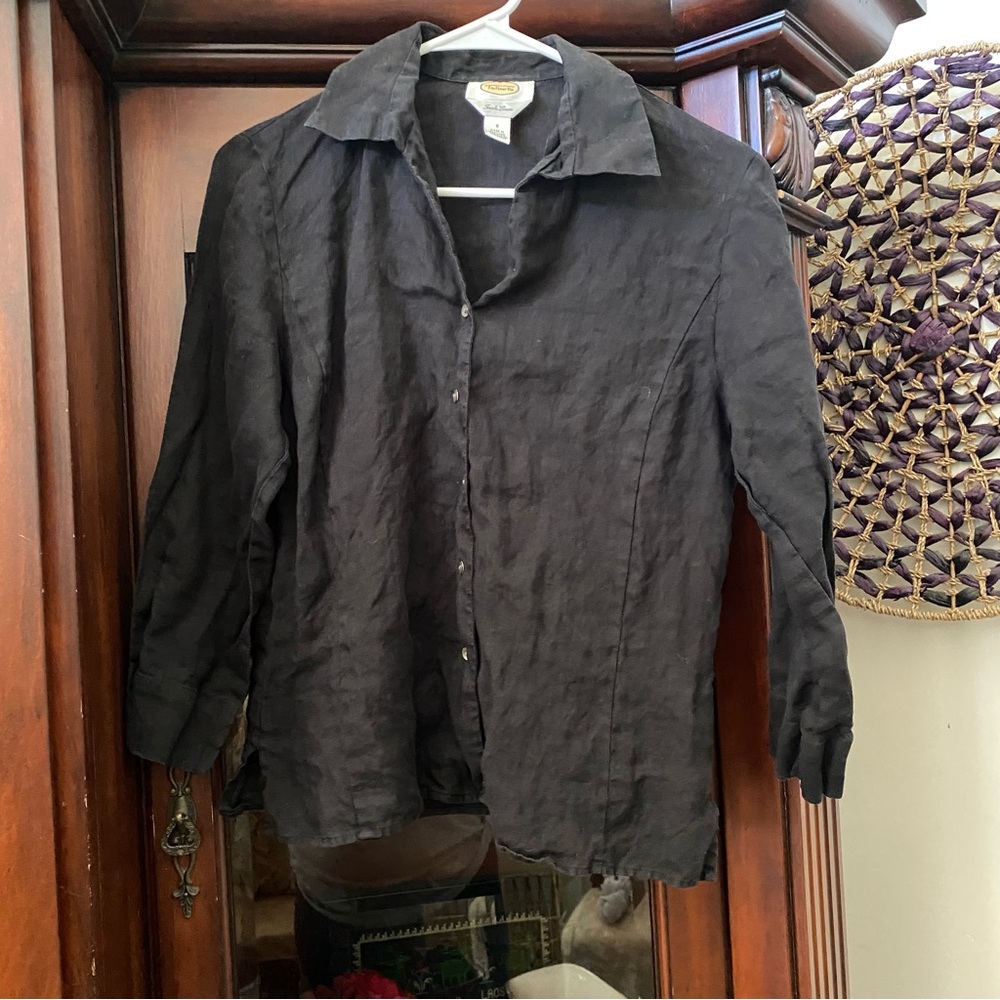 Talbots Black Irish Linen Button Down Shirt 3/4 Sleeves Top Women’s Sz 8 career